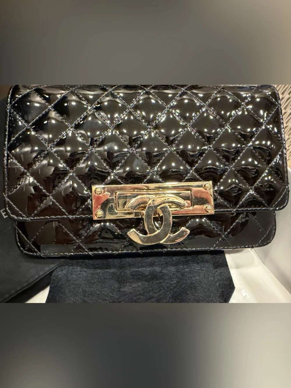 CHANEL Black Patent Crossbody Wallet On Chain Flap Bag with Gold Hardware